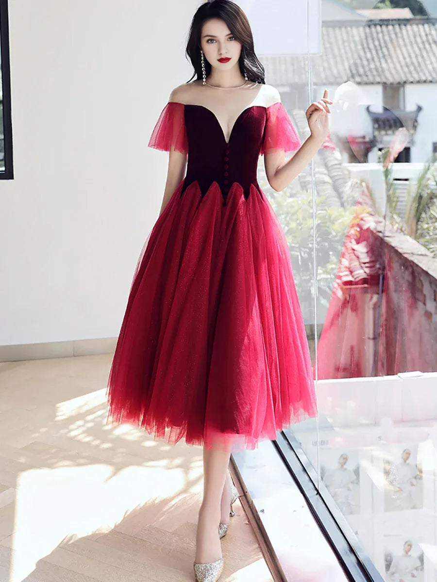 Beautiful A line Velvet  Round Neck Tulle Tea Length Prom Dresses With Puffy Sleeves